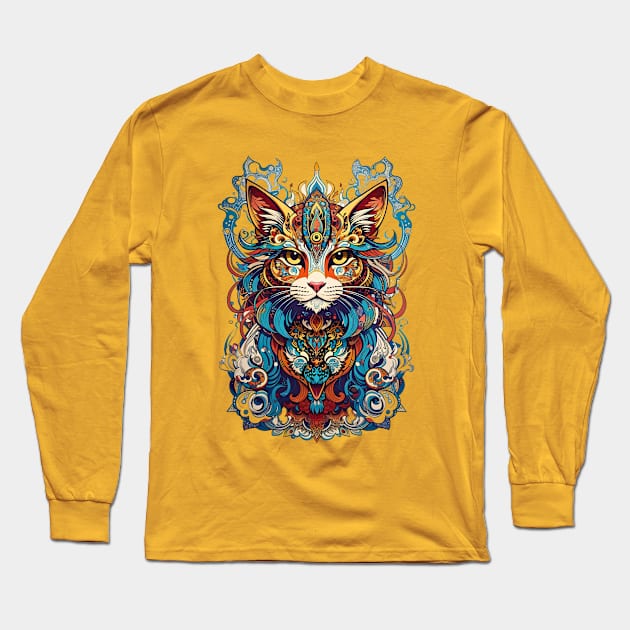 Tribal Art Cat retro vintage aesthetic design Long Sleeve T-Shirt by Neon City Bazaar